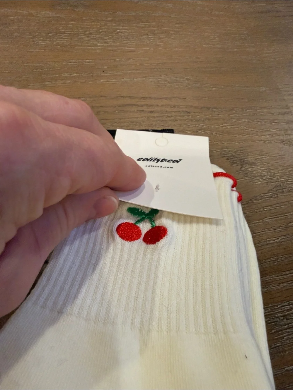 Edikted White Crew Socks with Red Cherry Detail
